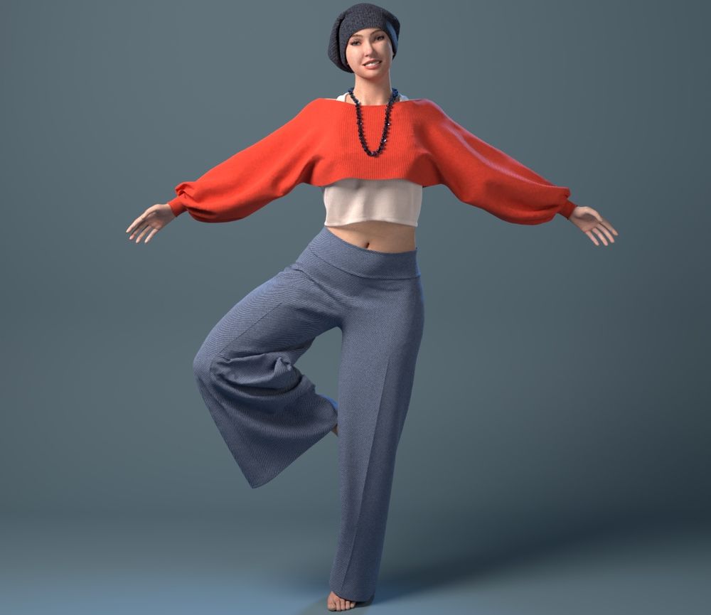 A CGI image of a woman standing on one leg with her arms spread out against a neutral background, wearing flared blue jeans and a cropped red jumper over a loose white tank top, a dark blue knitted hat and a long necklace made from irregular blue glass beads.