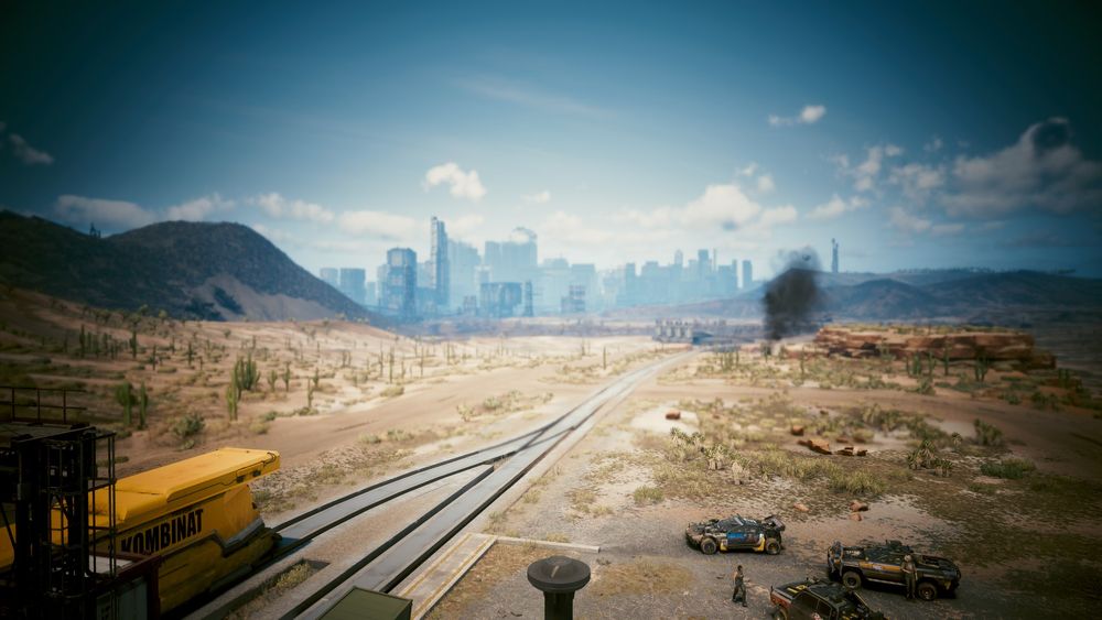 Long distance view of Night City from the game Cyberpunk2077