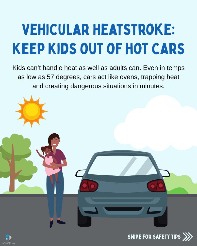 Illustration of a smiling woman holding a young child beside a parked car under a bright sun. Text reads "Vehicular heatstroke: keep kids out of hot cars. Kids can't handle heat as well as adults can. Even in temps as low as 57 degrees, cars act like ovens, trapping heat and creating dangerous situations in minutes. Swipe for safety tips."