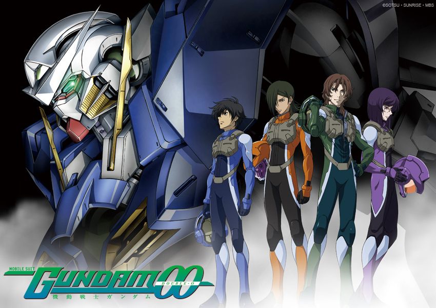 key art of mobile suit gundam 00, featuring the gundam exia in the background and setsuna, allelujah, lockon, and tieria in the foreground.