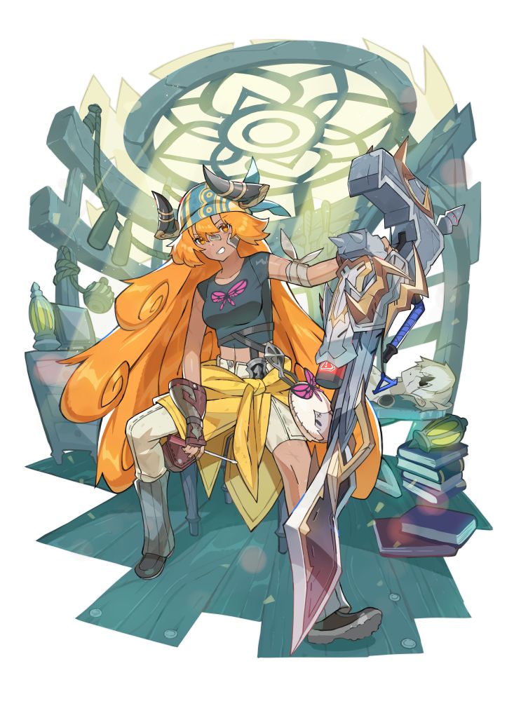 artwork of my dragalia lost OC, belle. she is a rokkan with a bladed weapon, the hilt of which resembles both a wrench head and dragon head.