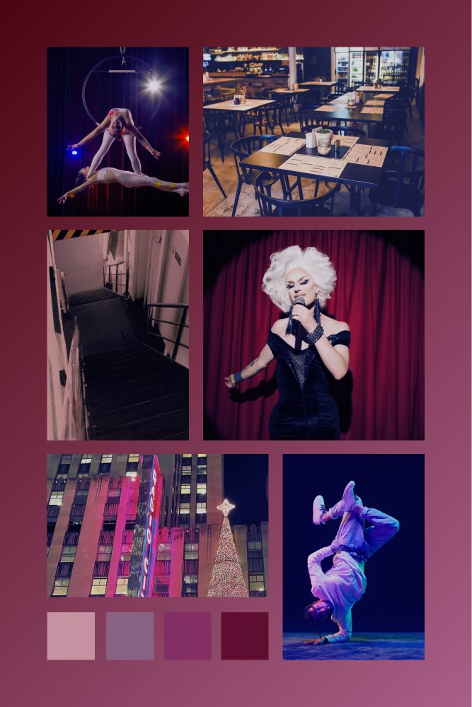 Six photos: circus duo, inside a cafe, a narrow staircase, a drag queen performing, 30 rock christmas tree, hip hop dancer
