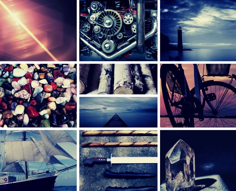 10-photo collage featuring a bright light, an engine, a lighthouse, agates, birch wood, a dock, a bicycle, a tall ship, weapons including a blade and kali sticks, and a crystal. 