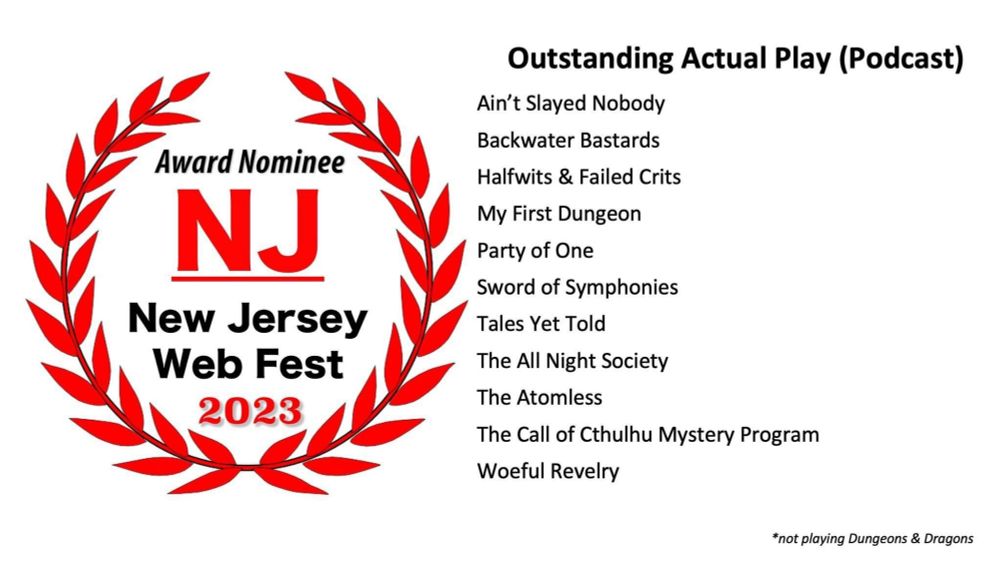 NJ webfest 2023 laurel for outstanding actual play podcast featuring The Atomless