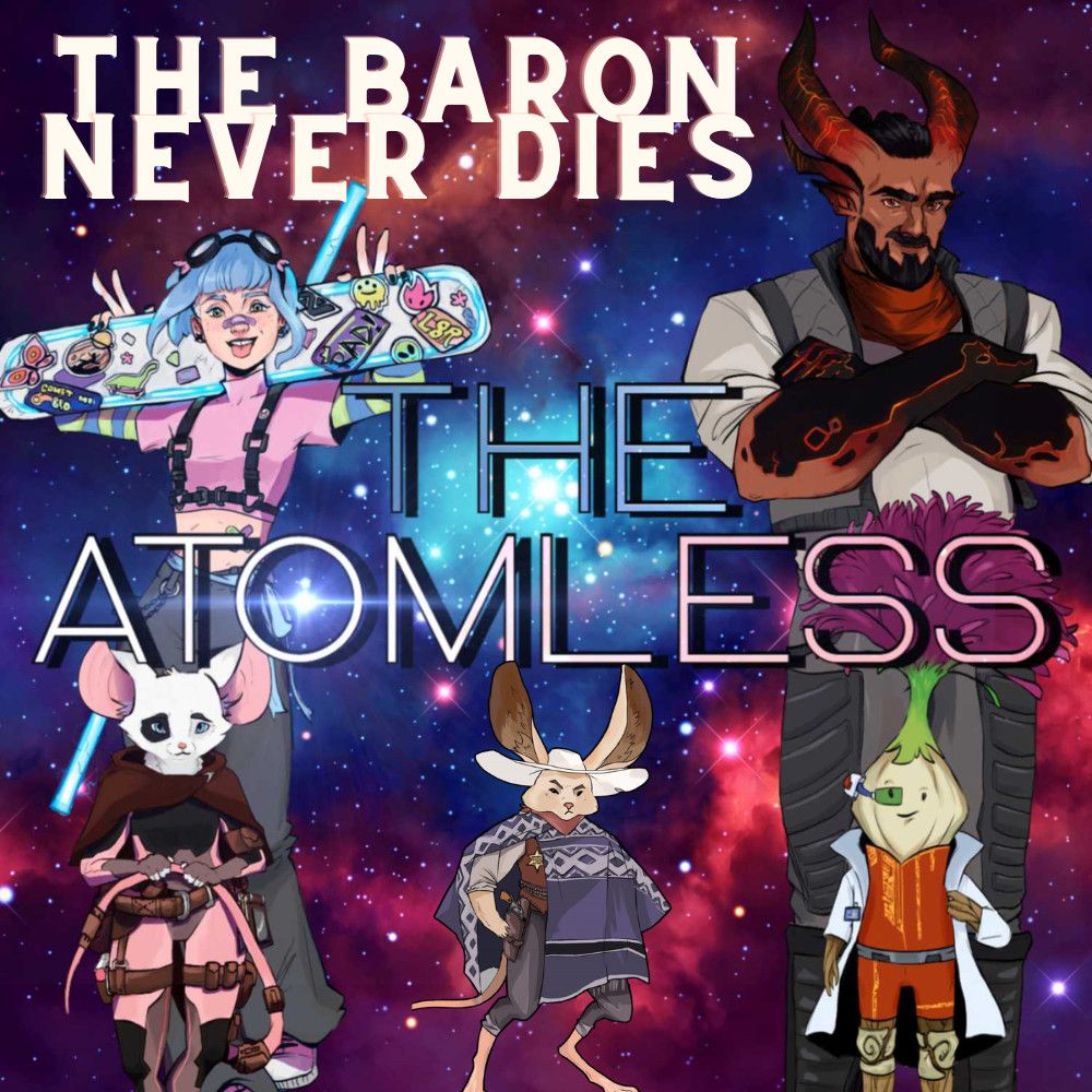 Outer space with purple, pink, and blue hues in the background with five sci-fi character illustrations in the center. Theriac, a bipedal garlic plant with a large purple flowering coming from the top of their head, wearing burnt orange armor under a white lab coat, and a smart glass over one eye.  Azhaam, a tall, brown-skinned, horned man with cracks of red lava along portions of his skin and horns, wearing a grey armored vest over a white t-shirt, and grey armored pants. Skye, a white teenage human girl with sky blue hair, a mechanics goggles, and a skateboard adorned with stickers held over her shoulders. Ayg, a bipedal white-furred rat with one patch of black fur around her right eye, wearing skin-tight pink armor, a maroon hooded cloak, holding her tail in her hands. Poncho, a bipedal kagaroo mouse wearing a cowboy hat through his ears and a blue poncho over his uniform and a gun on a holster on his hip.