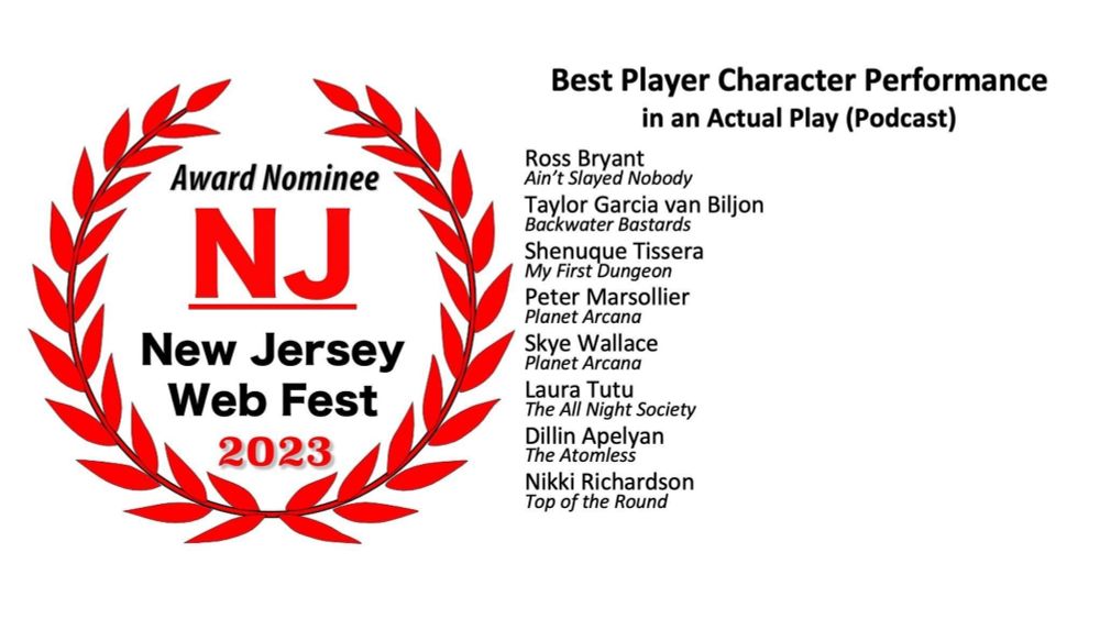NJ webfest 2023 laurel for best player character performance in an actual play podcast featuring Dillin from the Atomless as ayg