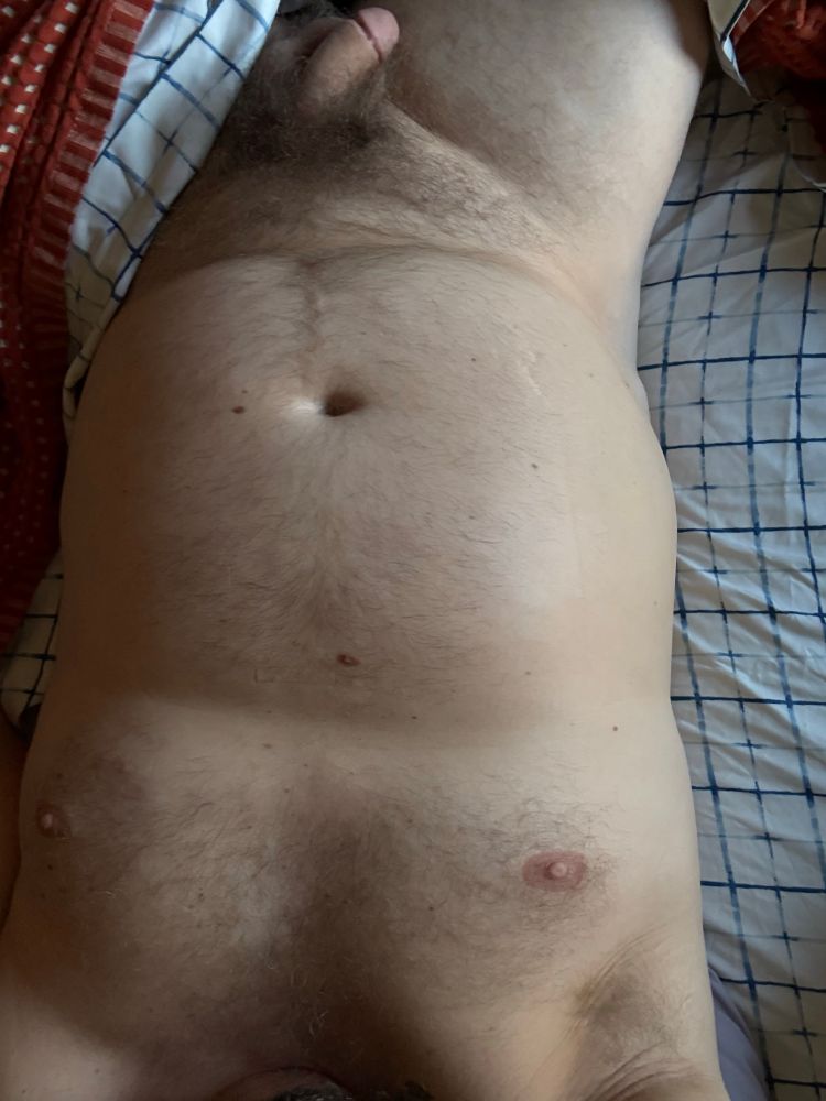 An image of a naked torso in bed from the top of the chest on the bottom of the screen down to the crotch on the top of the screen