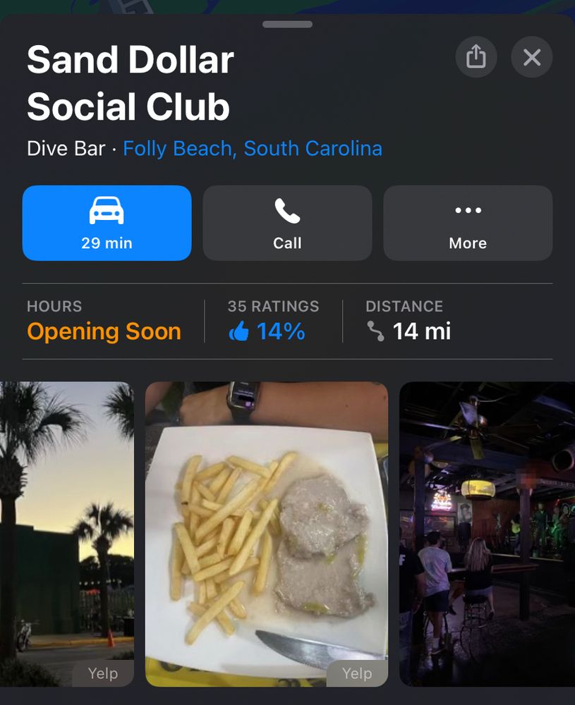 Apple maps sand dollar social club with image of boiled porkchops and tasteless fries