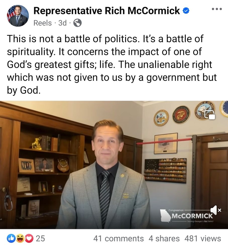 Rep. Rich (Rem) Mccormick posted this 3 days ago. Today he said kids who were getting free lunch were "mooching off the government"
Here he says "This is not a battle of politics. It's a battle of spirituality. It concerns the impact of God's greatest gifts; life. The unalienable right which was not given to us by a government but by God. He is a CINO!