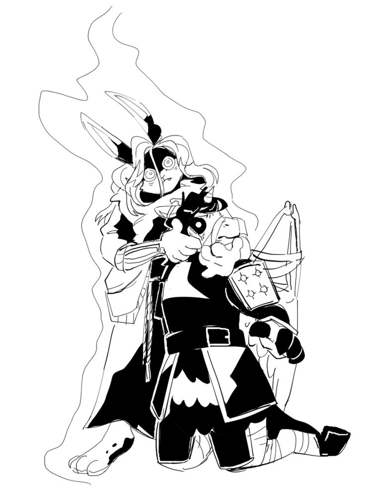 A ghost cybunny holds a halloween uni in a threatening headlock. The cybunny is staring into the camera, the uni has a concerned expression.