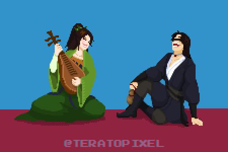 PT: Desenho em pixel art de uma cena entre dois personagens. A personagem à esquerda é uma jovem de hanfu verde e laranja; ela está sentada no chão, sorridente, enquanto toca uma pipa, instrumento de cordas chinês, e olha para o personagem ao seu lado. O personagem à direita é um jovem que usa hanfu preto e uma venda sobre os olhos. Ele está sentado no chão de forma despojada, rindo; uma de suas mãos apoiada no chão, enquanto a outra segura um jarro de cerâmica. 

EN: Pixel art drawing of a scene between two characters. The character on the left is a young woman wearing green and orange hanfu; she is sitting on the ground, playing the pipa, or “chinese lute”. She is smiling and looking at the man beside her. The character on the right side is a young man wearing black hanfu and a blindfold. He’s also sitting on the floor in a more carefree manner and laughing; one of his hands is touching the ground, while the other holds a ceramic jar.