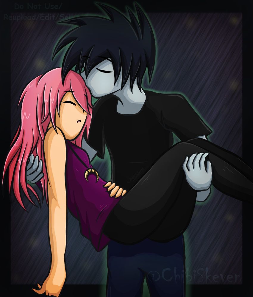 A digital illustration of my two OCs Zooko and Komai. Zooko is carrying Komai and kisses her forehead as she is sound asleep.