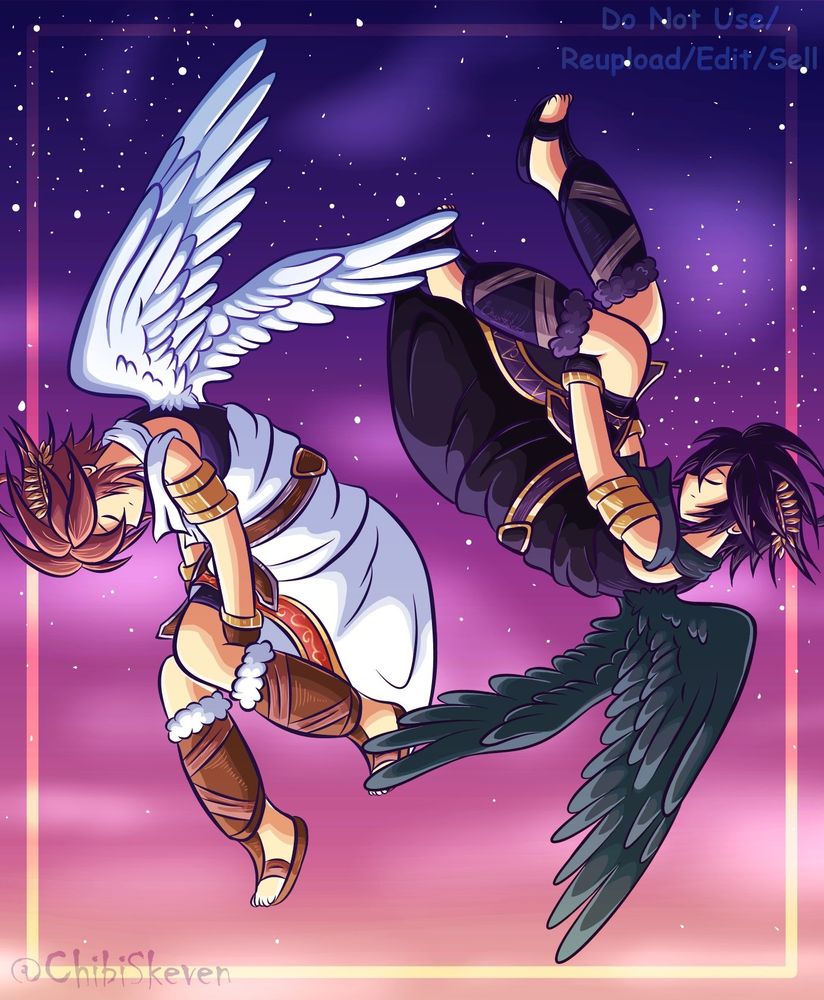Two angels (Pit and Dark Pit from Kid Icarus: Uprising) are floating symmetrically in a twilight colored sky with stars and some clouds. The left is Pit facing downward while the right is Dark Pit, who is facing upwards.
