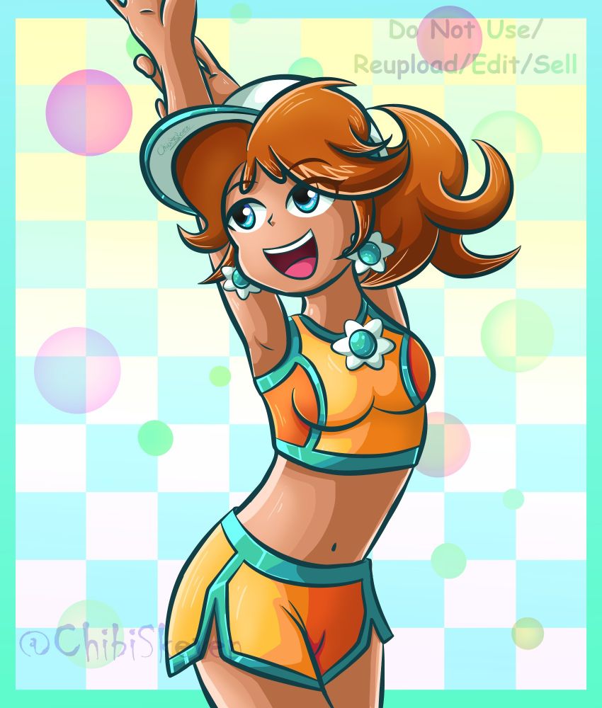 A half body illustration of Princess Daisy in a two piece, beach-like outfit from Mario Kart World.