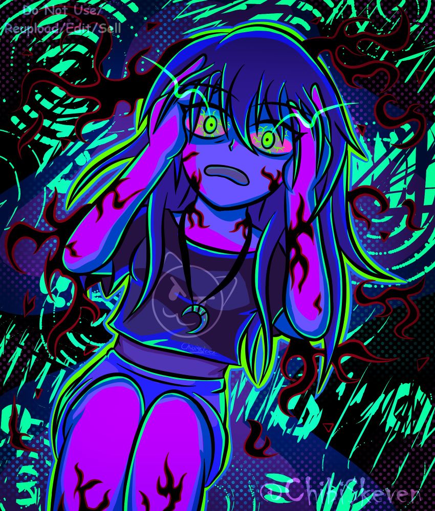 A knee-high digital art of my OC, Komai, looking terrified with her hands holding the side of her head and sitting. Her eye pupils are glowing green with green veins popping out. The art overall is in a neon blacklight style.