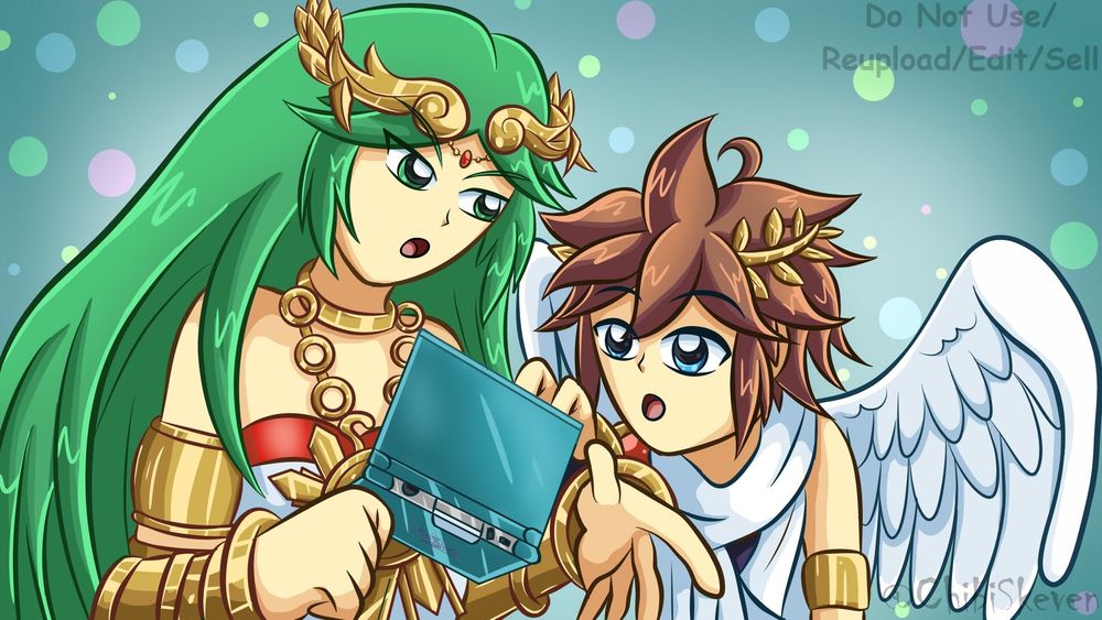 A redraw from Kid Icarus: Uprising where Palutena is showing Pit how to play on the Nintendo 3DS.