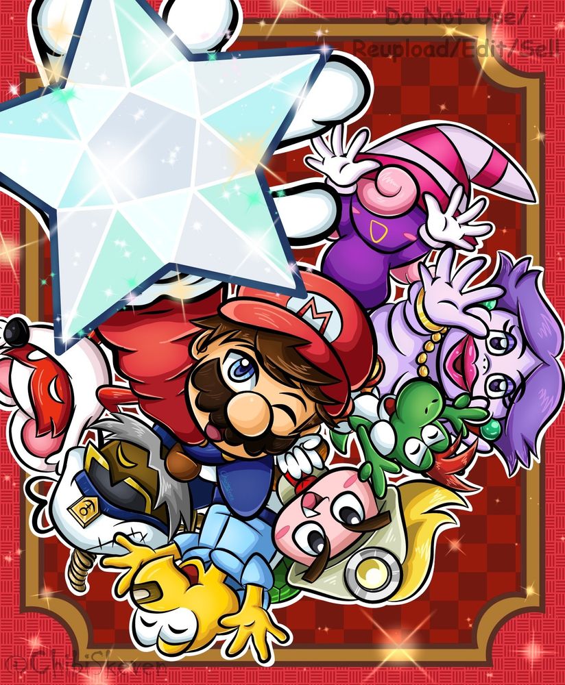 A celebratory art of the release of Paper Mario: The Thousand-Year Door on Switch. Mario is reaching for a Crystal Star while all of his partners are surrounding him, cheering him on.
