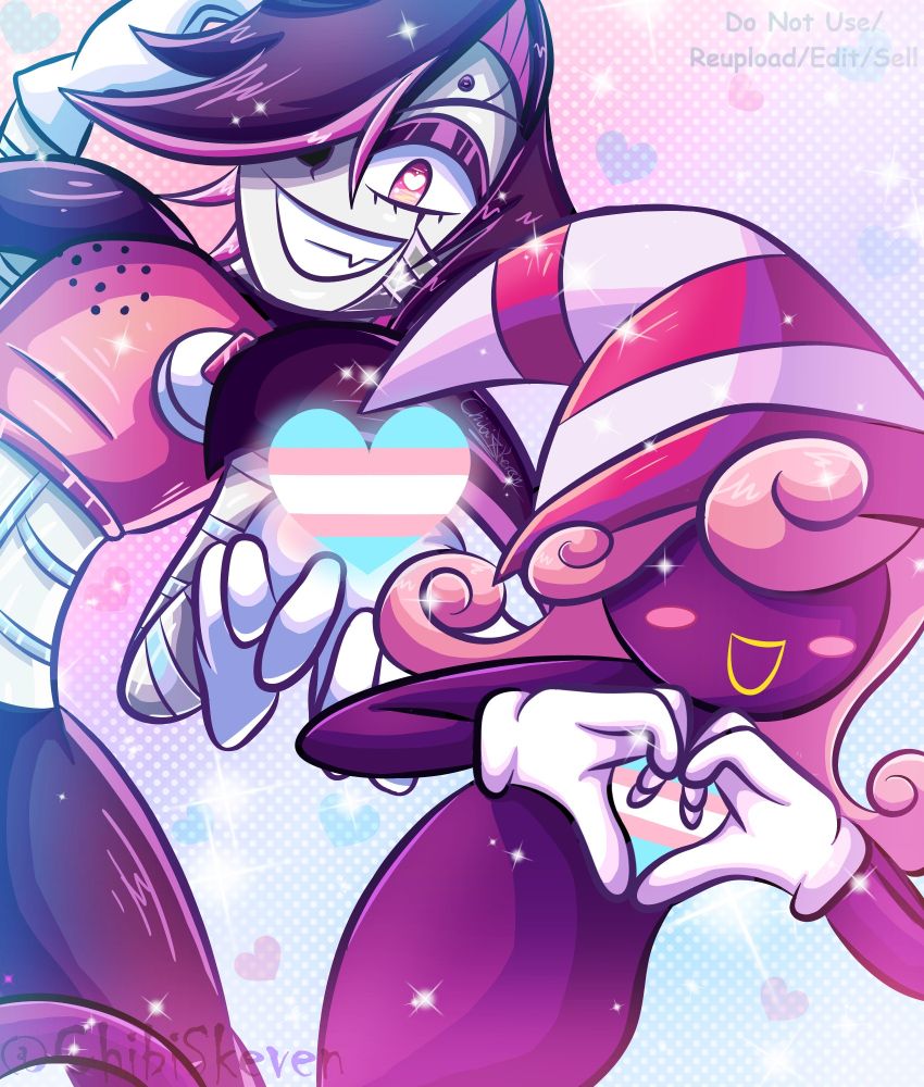 A group art of Mettaton EX from Undertale and Vivian from Paper Mario: The Thousand-Year Door showing a heart to the viewer in the colors of the transgender flag. The background is a gradient of the transgender colors with white polka and faded heart patterns.