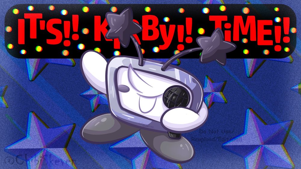 A full body art of Kirby as Tenna from Ch.3 of Deltarune. The background is dark blue with star patterns and hanging at the top center is a text banner that says "IT'S!! KiRBY!! TiME!!"