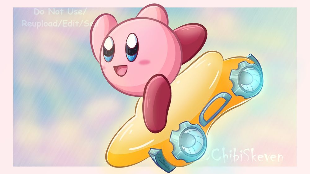 A digital fanart for Kirby Air Riders. Kirby is riding on a Warp Star with a sunny background with some clouds.