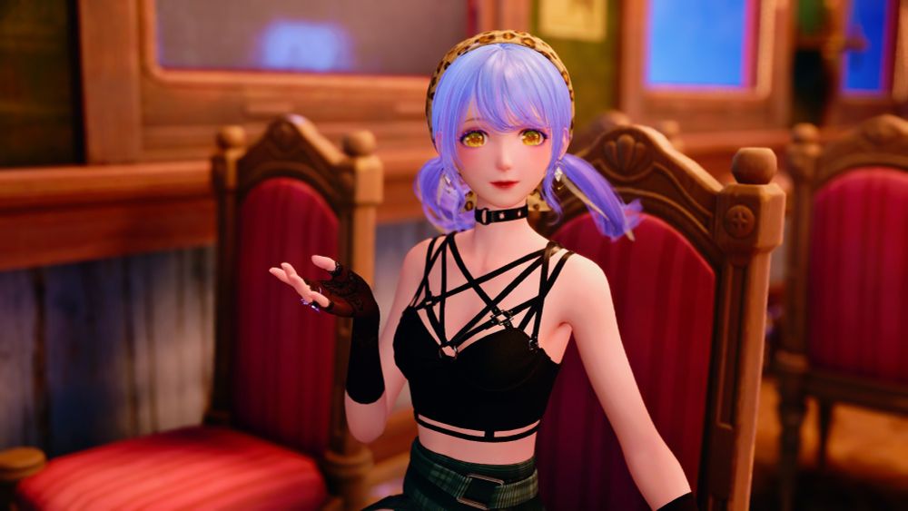 A young light-skinned woman standing on a crane, stone trees in the background, wearing a strappy black top, black lacy fingerless arm warmers, a leopard print headband, and a green plaid skort. Her hair is light blue to purple gradient, in pigtails, her eyes are light green, and she is sitting in a train car.