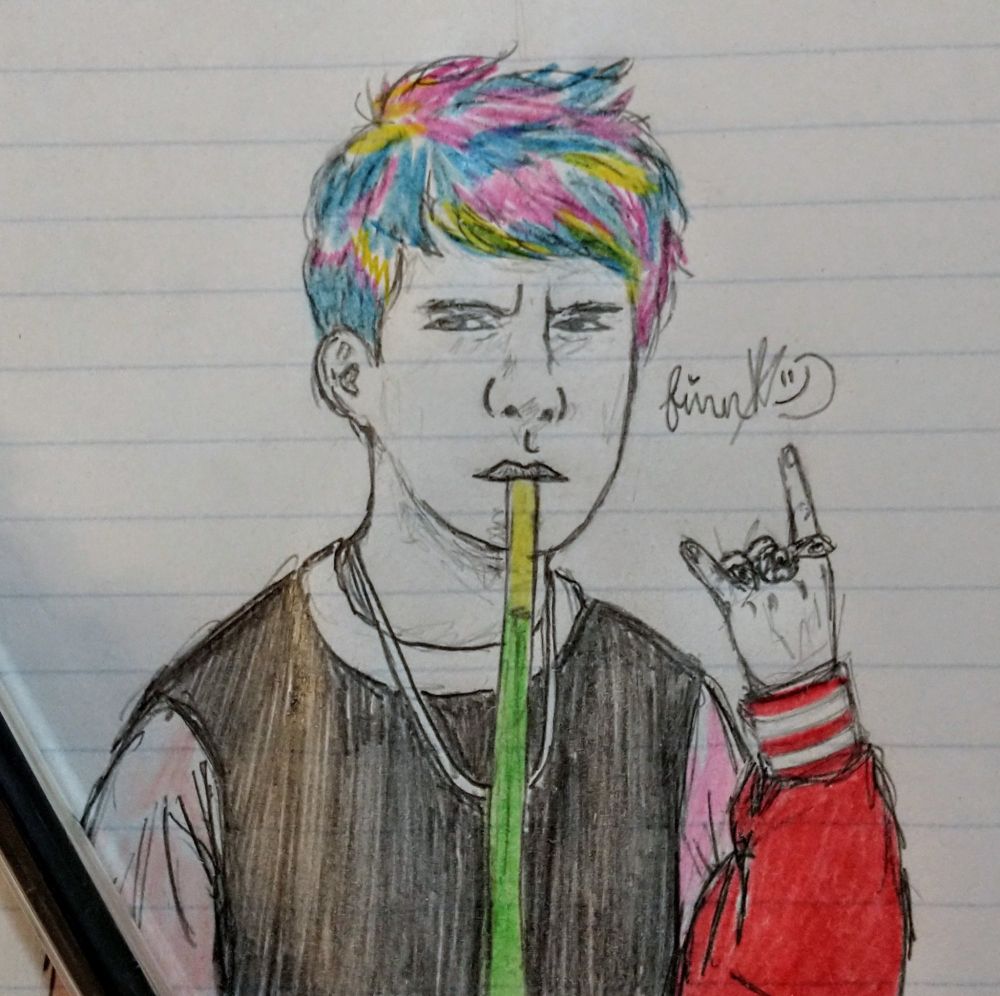 pencil drawing of awsten from waterparks with fruit roll up in his mouth while looking grumpy. he's also doing the hand-horns with his left hand, and he has rings on all his fingers except his pinky