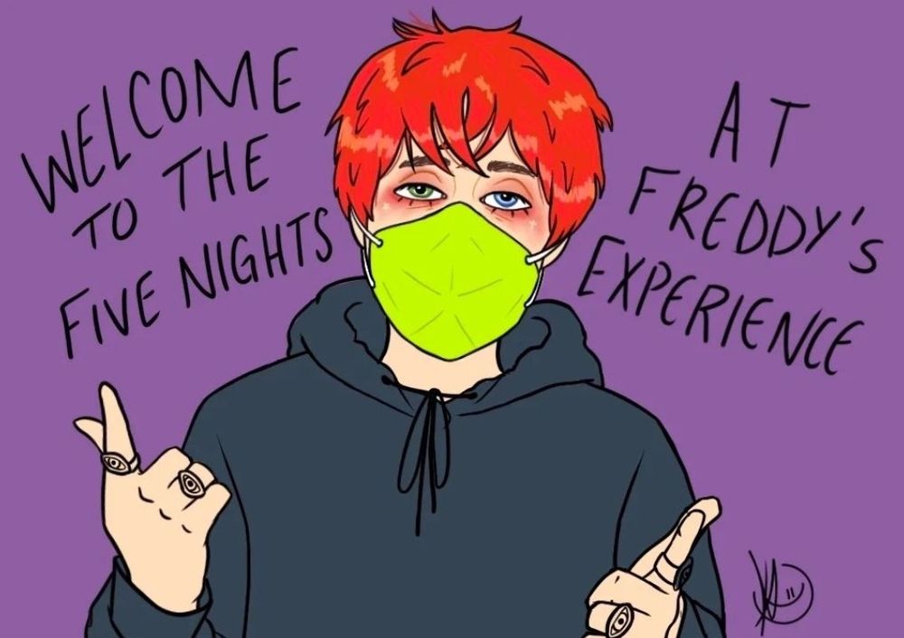 drawing of awsten knight from waterparks with the words "welcome to the five nights at freddy's experience" next to him. he has red hair, a green mask on his face, and a dark hoodie.