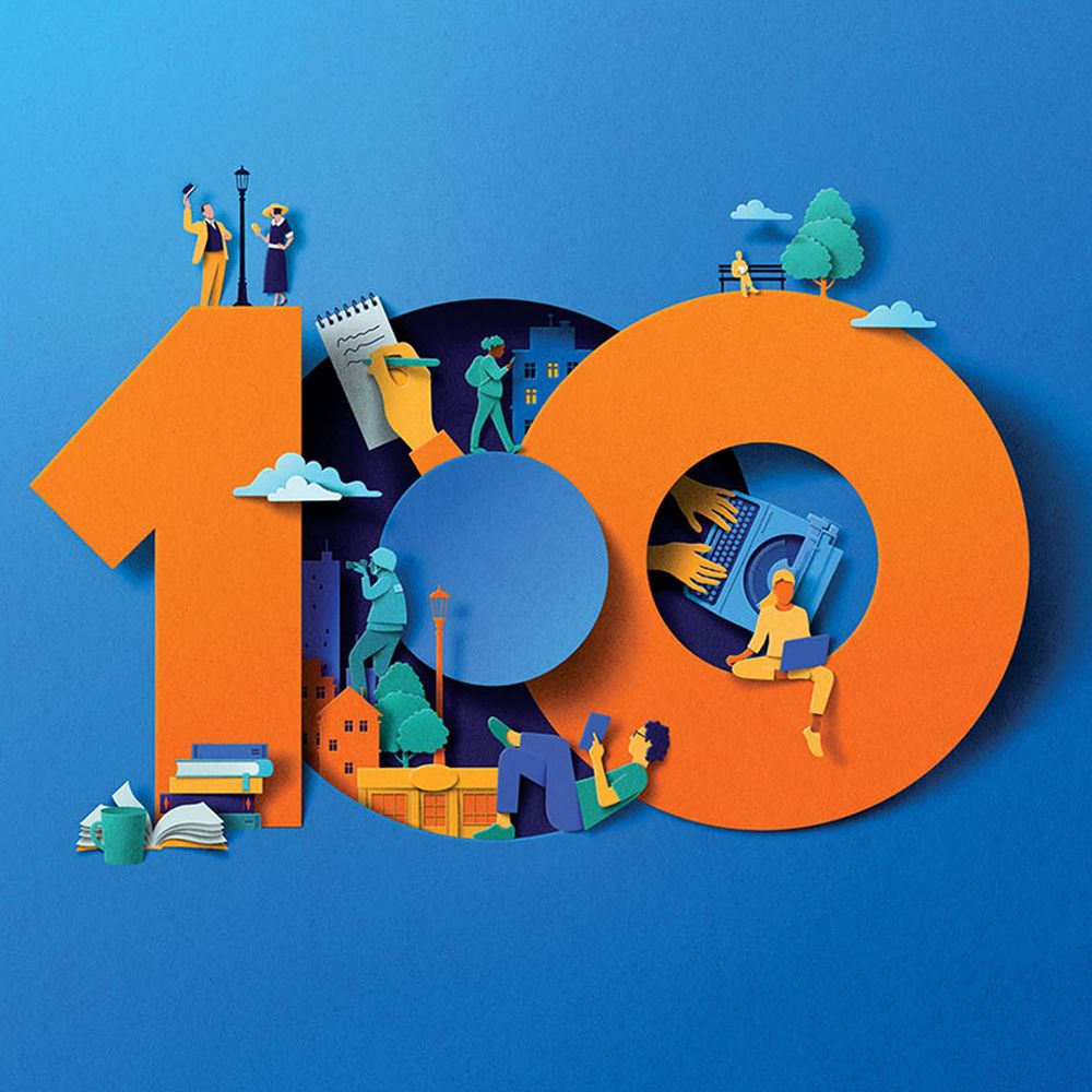 The number 100 in orange and blue, made of paper cut-out letters, decorated with figures representing VQR's past 