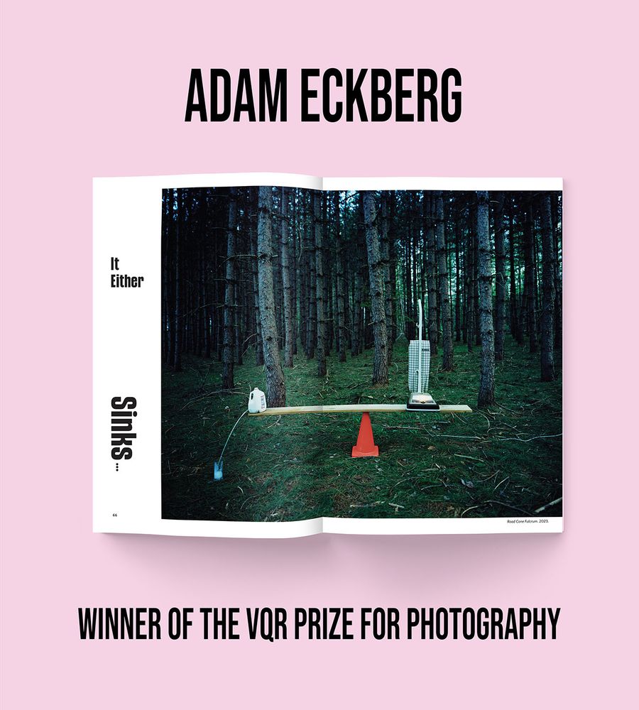 Adam Ekberg, winner of the VQR Prize for Photography, with magazine spread against a pink background