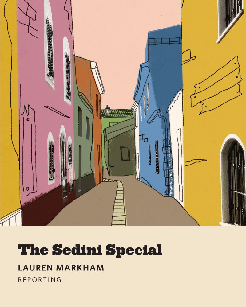 The Sedini Special, Lauren Markham, Reporting, with colorful sketch of small apartment buildings lining a narrow street 