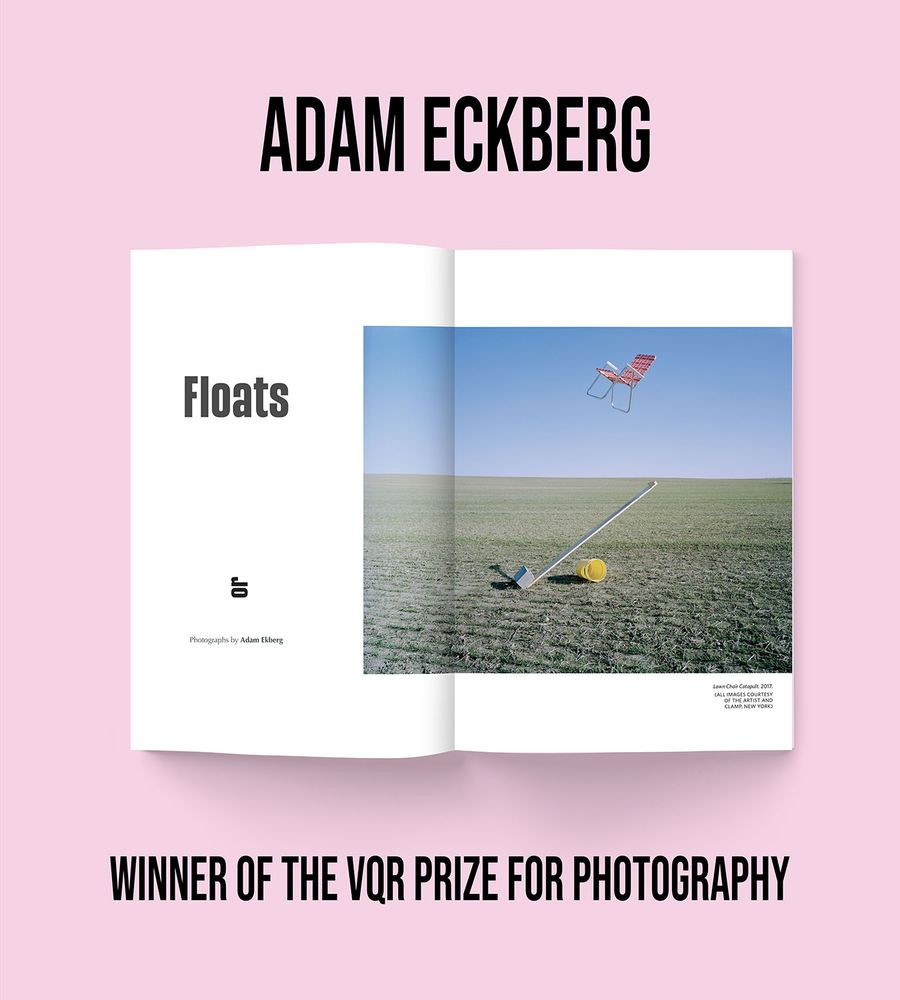 Adam Ekberg, winner of the VQR Prize for Photography, with magazine spread against a pink background