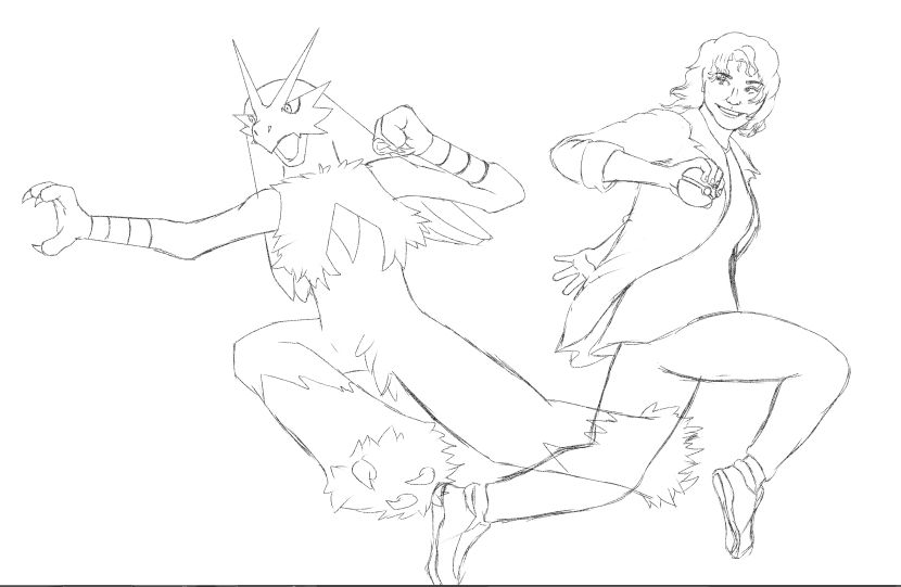 A dynamic sketch of my sister and her partner Pokémon Blaziken