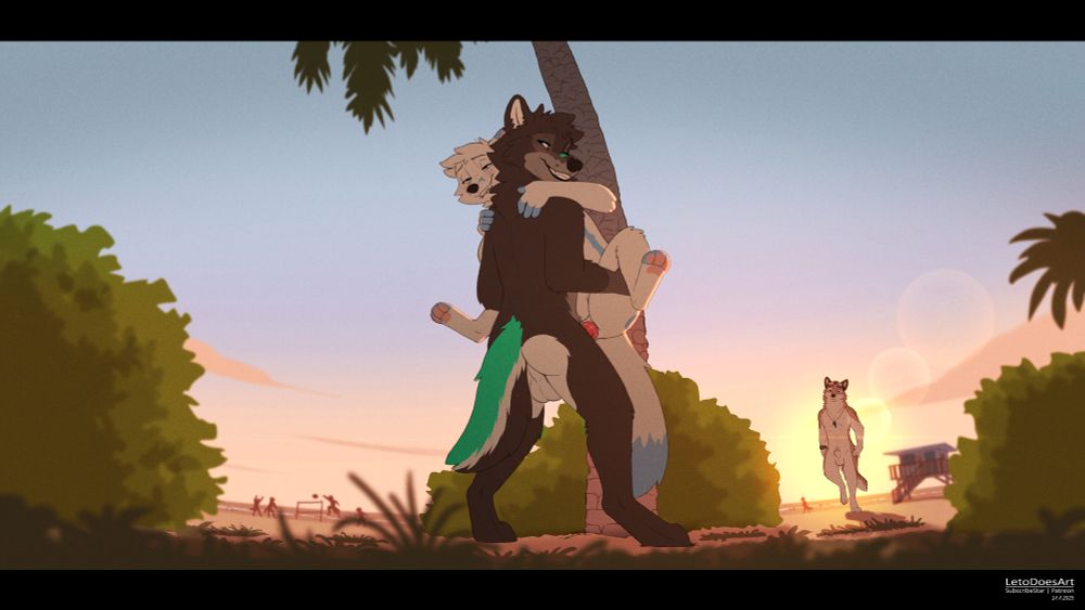 The grey wolf Ari pinning the Arctic Fox Leto against a palm tree. They are having sex with Ari lifting Leto ontop of his crotch. In the background there is a beach and a wolf lifeguard coming closer, as he notices what is going on. In this version, nobody is wearing shorts.