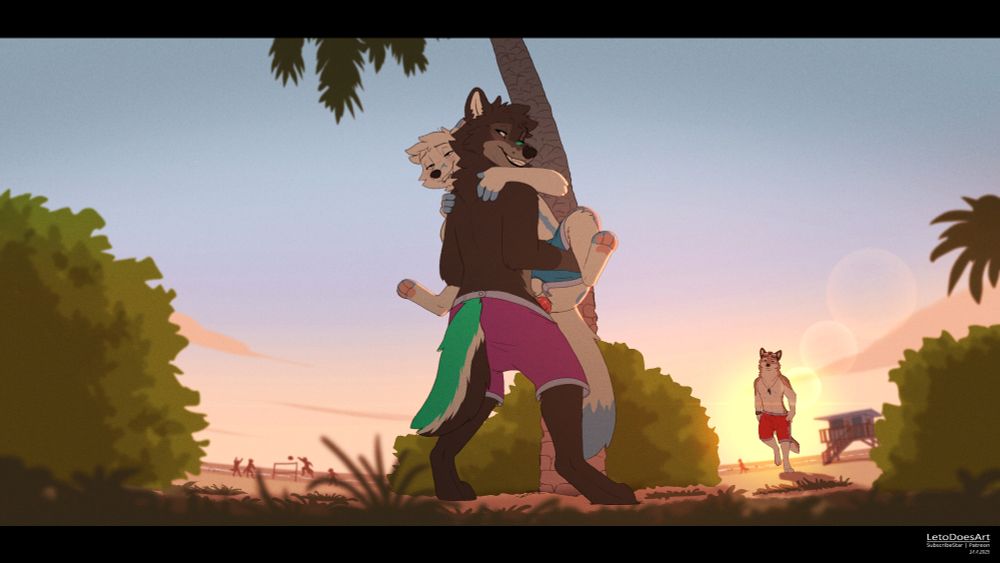 The grey wolf Ari pinning the Arctic Fox Leto against a palm tree. They are having sex with Ari lifting Leto ontop of his crotch. In the background there is a beach and a wolf lifeguard coming closer, as he notices what is going on. In this version, everyone is wearing swim trunks, with Ari's and Leto's being pulled down far enough to have sex.