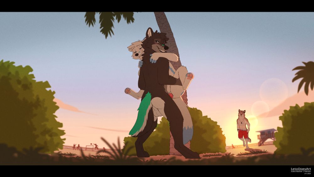 The grey wolf Ari pinning the Arctic Fox Leto against a palm tree. They are having sex with Ari lifting Leto ontop of his crotch. In the background there is a beach and a wolf lifeguard coming closer, as he notices what is going on. In this version, Ari and Leto are naked, while the lifequard is wearing his swim trunks.