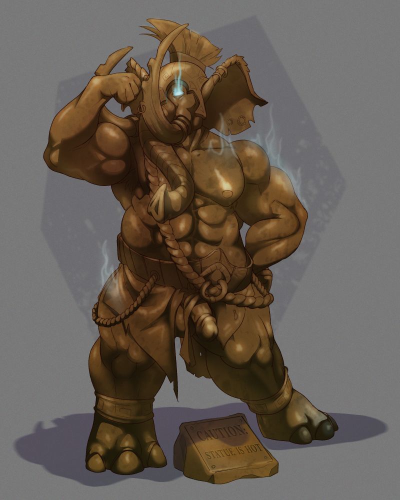 A large male bronze elephant statue stands flexing. Its cock is exposed. Steams evaporates off it and oneceye has a flame. A single foot has a hint of flesh left.
Plaque reads : caution: statue is hot