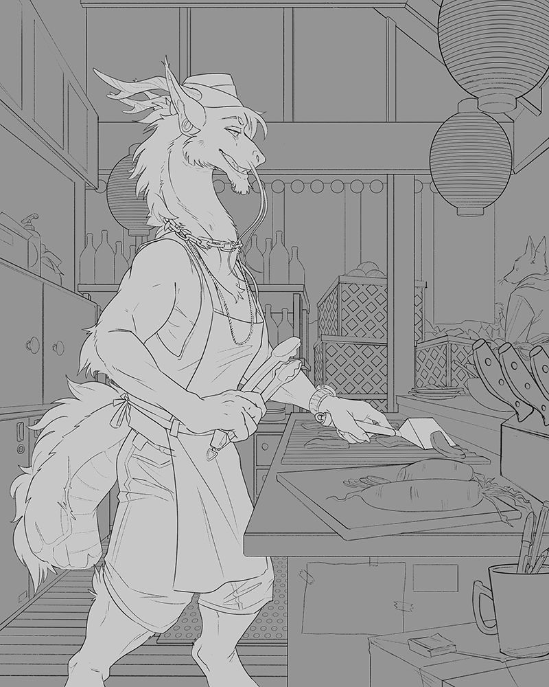 An eastern style anthro dragon cooking a stall / teppanyaki.