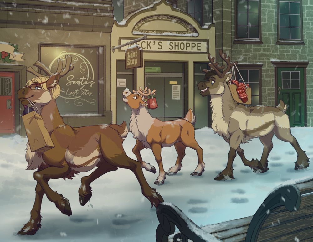 Three deer trot happily down a snowy street linned with shops. One carries a gift in their mouth while the others have bags hanging from their antlers.