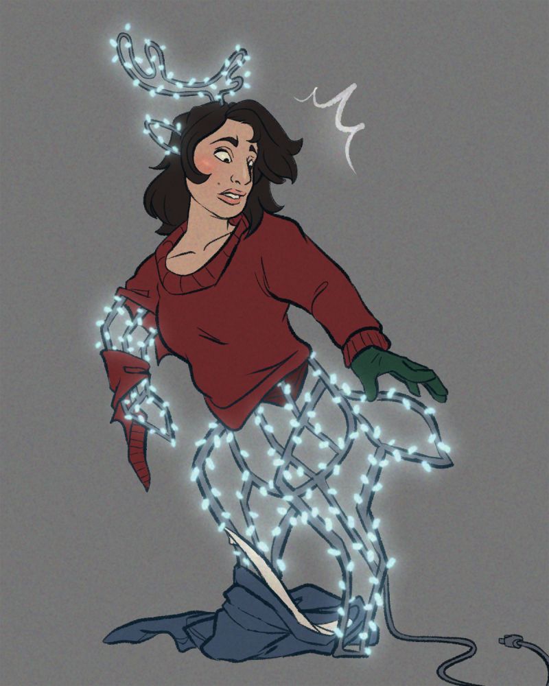 A person in a red sweater being turned into a wireframe Christmas light deer.  They look surprised at the sudden change. Bottom half is completely wireframe and covered with lights. One arm and ear are already wireframe and an antler is sticking out their hair.