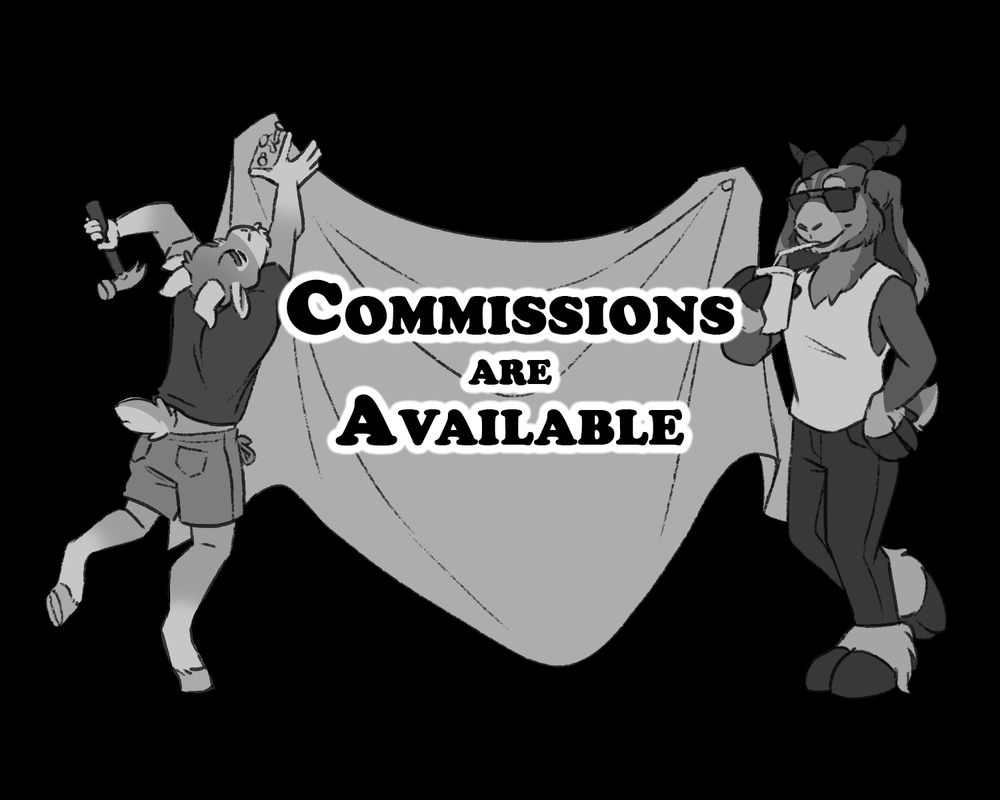 Story goat and Rye Goat hanging up a banner that says commissions are available
