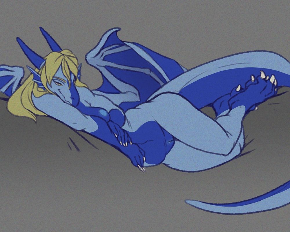 A lady anthro dragon is relaxing on her side nude on a soft surface.