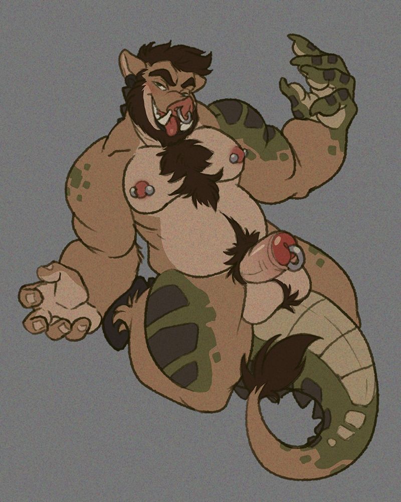 A boar anthro taking on more gator type traits. His thick dick is erect and he seems to be enjoying the change.
