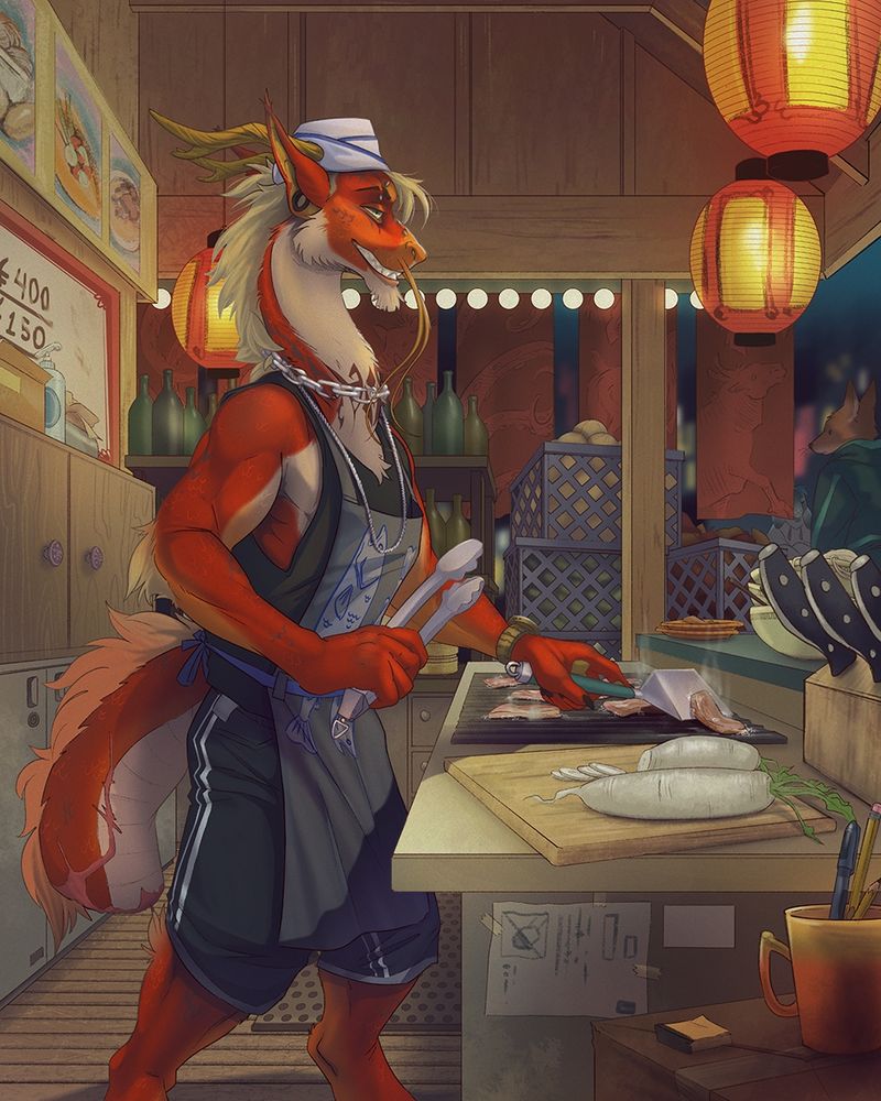 An eastern dragon furry is cooking up something delicious in a food stall.