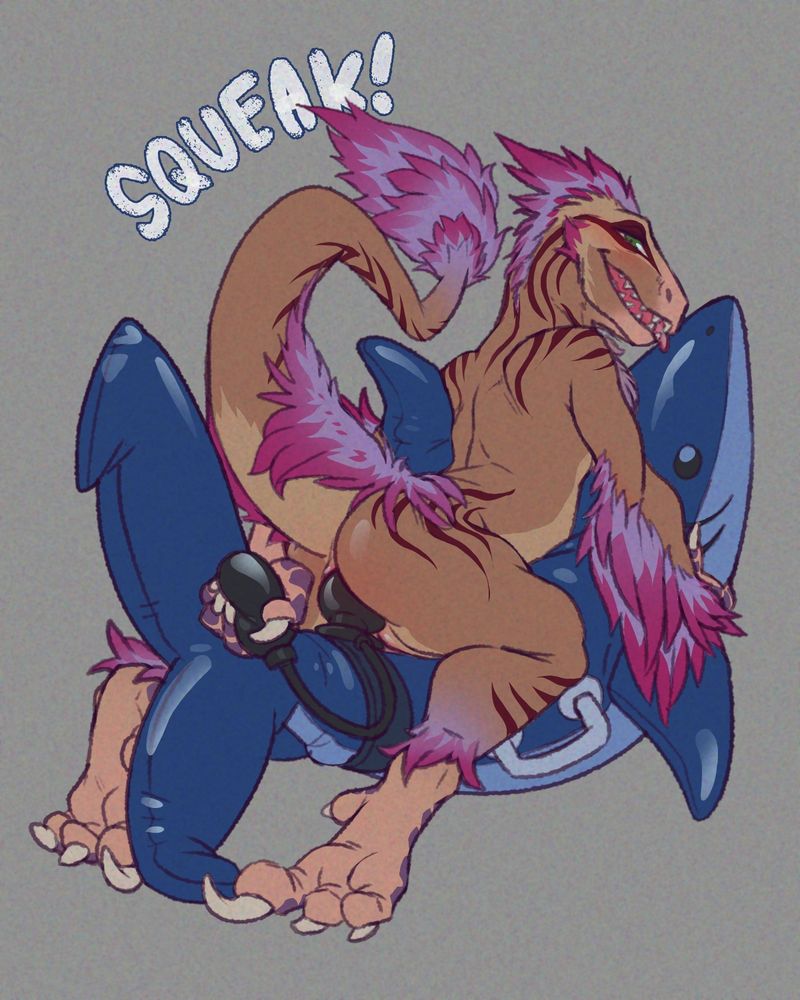 A raptor riding an inflatable sex toy on a pooltoy shark.