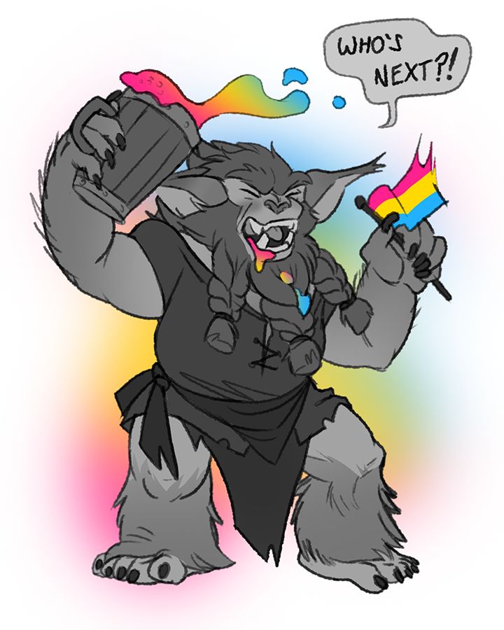 A bugbear drunkenly spilling pan flag colored beer and waving a little pan flag