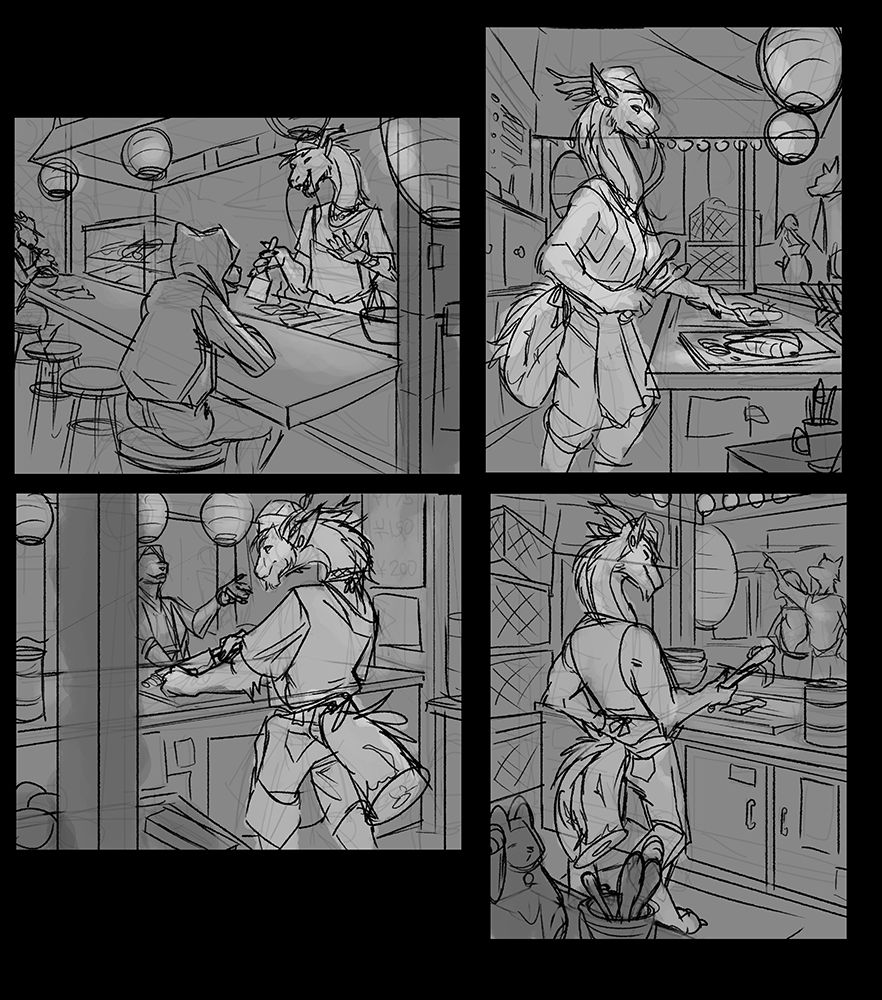 several small rough sketches of a dragon serving up food at a little Japanese stall 
