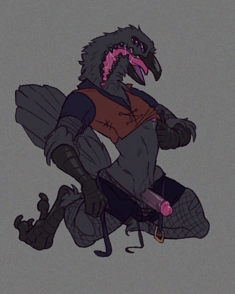 A male bird anthro stripping off already sparse garb to reveal nipple and erection. Their beak is open and so is the toothy maw that runs down their neck.