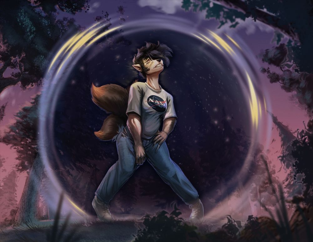 A person wearing a NASA shirt is standing in the middle of a field surrounded by trees. The reality around them is being warped, showing stars and space as they change into a fox with multiple tails. They bite their lip and begin to tear at their jeans. 