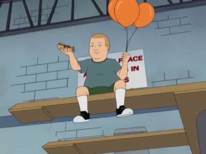 Bobby Hill from the animated show King of the Hill, sitting on top of bleachers holding a hot dog and some balloons  