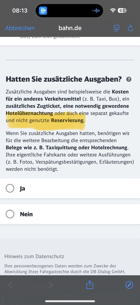 Das Bild zeigt einen Teil des Entschädigungsformulars der Deutschen Bahn in dem Zusatzkosten zur Fahrt eintragen kann.